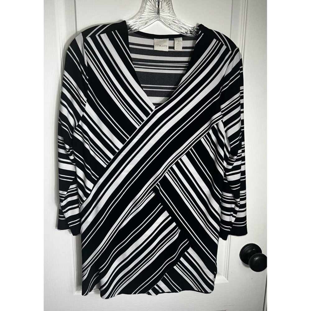 Chicos Top Women’s Sz Chicos Size 1 Pullover 3/4 Sleeve V Neck Crisscross Stripe